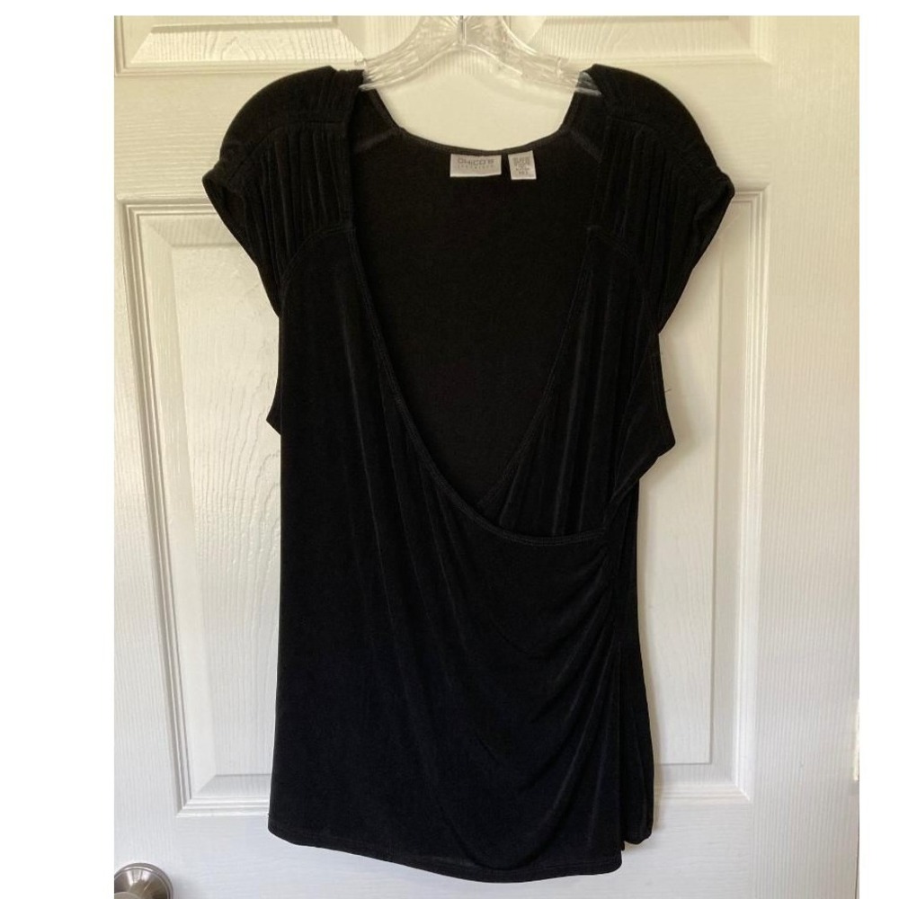 Chicos Travelers Black Faux Wrap Ruched Slinky Knit Top Size 3XL Business Casual